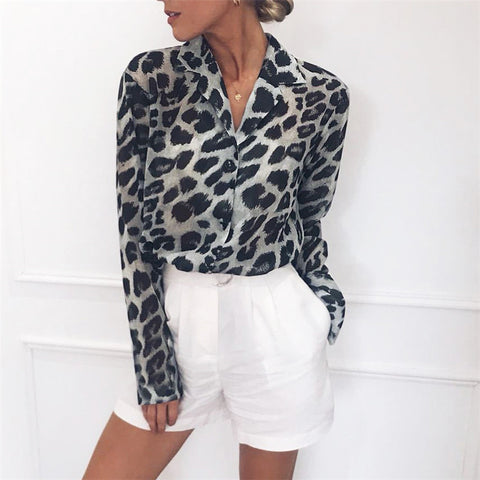Chiffon Blouse Long Sleeve Sexy Leopard Print