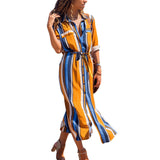 Turn Down Collar Office Ladies Stripe Shirt Dress