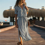 Turn Down Collar Office Ladies Stripe Shirt Dress