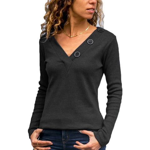 Casual Long Sleeve Knitted Tops Solid Buttons V Neck Shirts