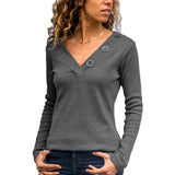 Casual Long Sleeve Knitted Tops Solid Buttons V Neck Shirts