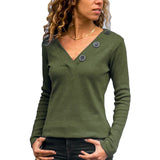 Casual Long Sleeve Knitted Tops Solid Buttons V Neck Shirts