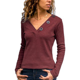 Casual Long Sleeve Knitted Tops Solid Buttons V Neck Shirts