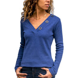 Casual Long Sleeve Knitted Tops Solid Buttons V Neck Shirts