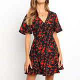 Boho Floral Print Chiffon Mini Dress Sexy V Neck
