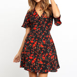 Boho Floral Print Chiffon Mini Dress Sexy V Neck